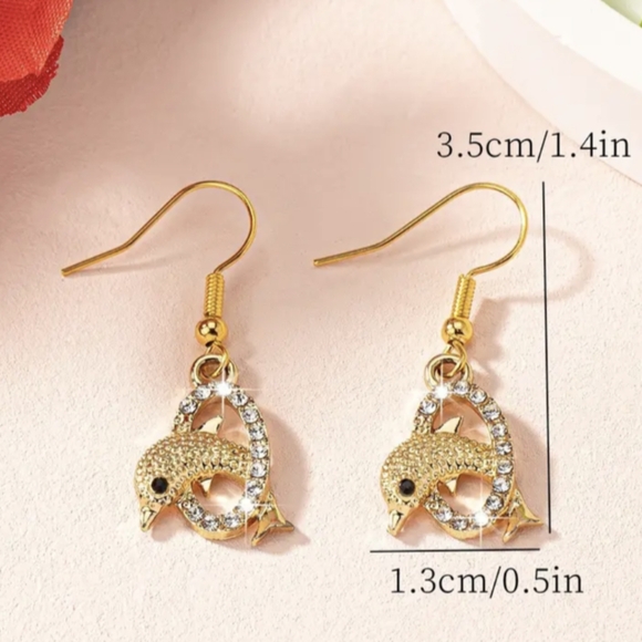 DOLPHIN 🐬 Clear Diamante Drop Earrings In Gold Plating - 1/2"  Length - Picture 2 of 9